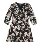 LAUREN RALPH LAUREN Womens Black Floral Day Dress Polyester Blend 3/4 Sleeve