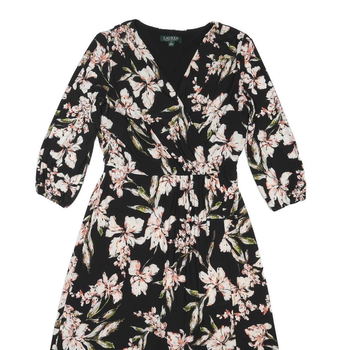 LAUREN RALPH LAUREN Womens Black Floral Day Dress Polyester Blend 3/4 Sleeve
