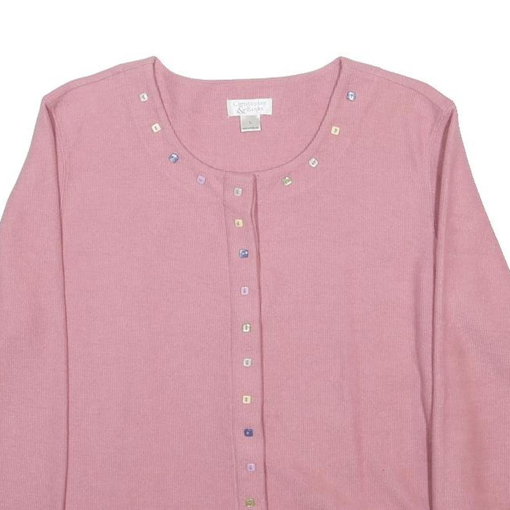 CHRISTOPHER & BANKS Womens Pink Patterned Jumper Scoop Neck Basic Knit L Button