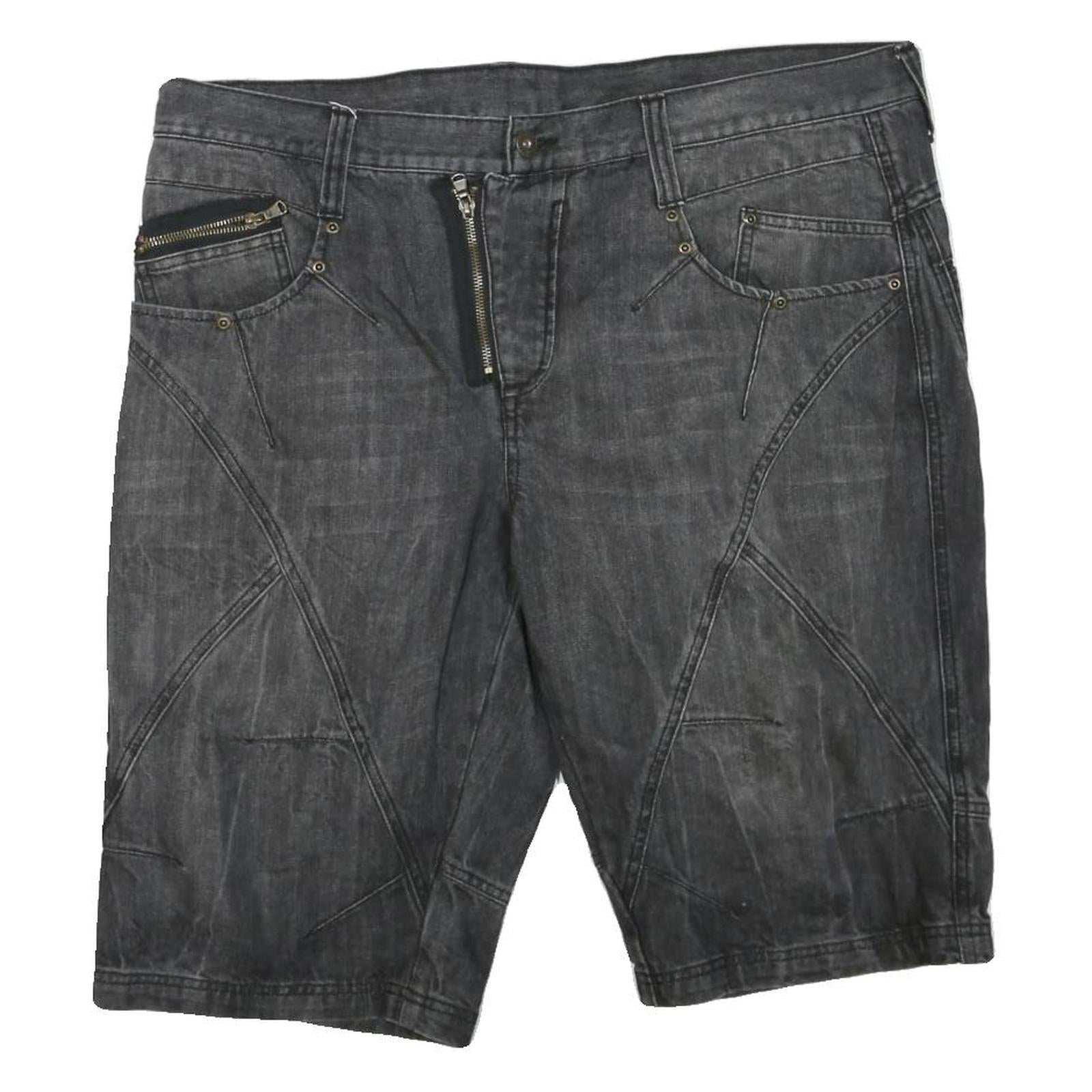 RAINBOW Mens Shorts Black Denim XL W40 Rebel Core Zip Pocket Casual