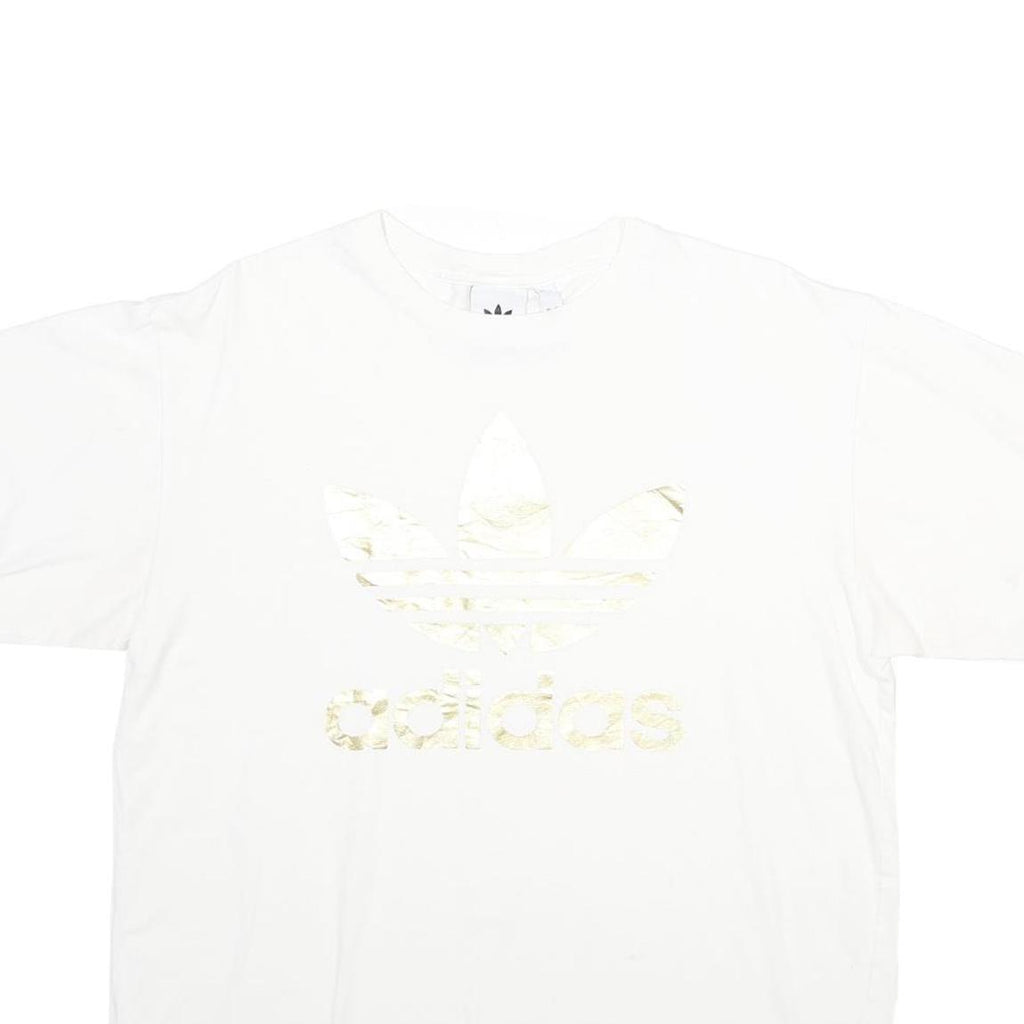 ADIDAS Mens White Gold Logo Graphic T-Shirt L Short Sleeve Crew Neck Casual