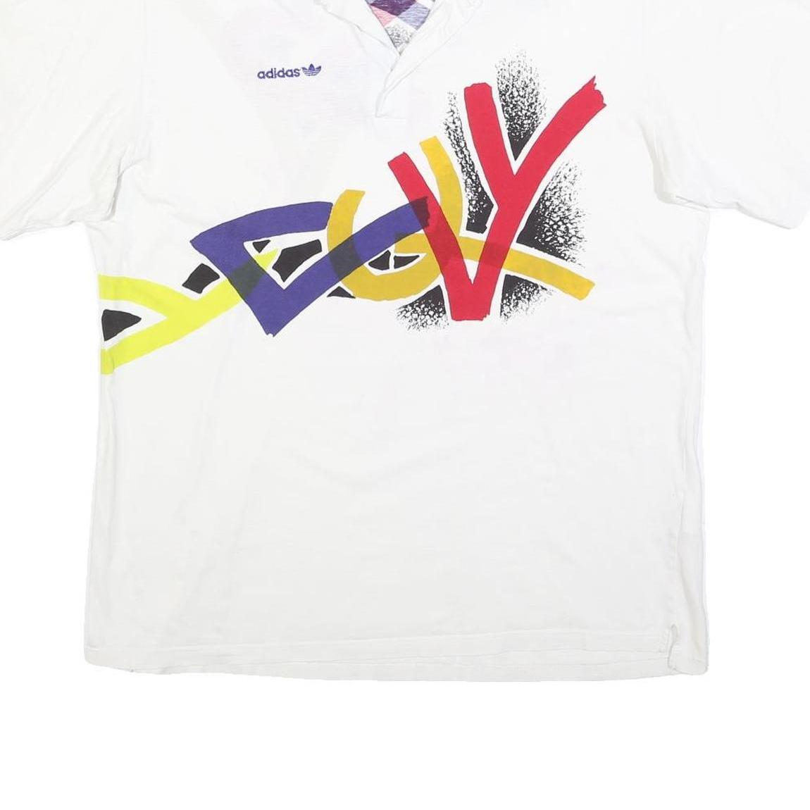 ADIDAS Mens White Graphic Print Short Sleeve Polo Shirt L Cotton Blend Relaxed