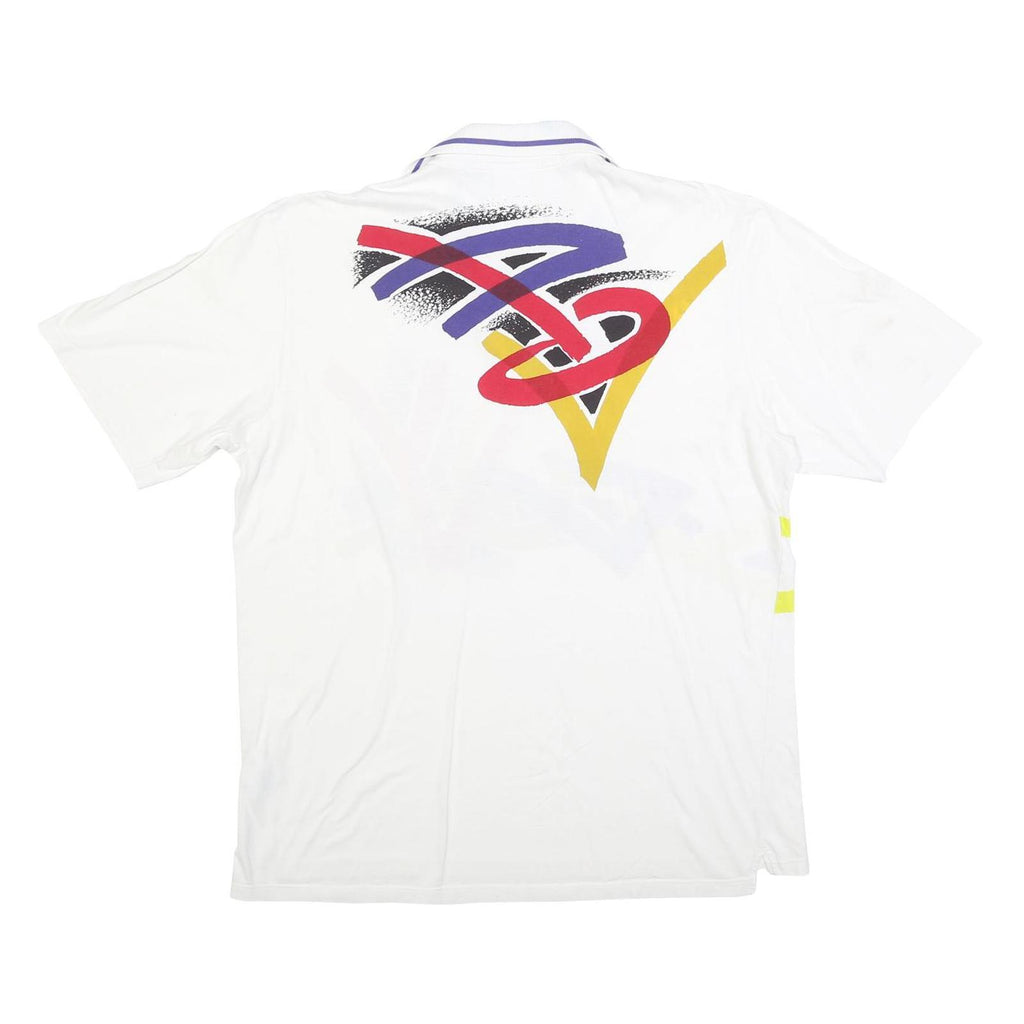 ADIDAS Mens White Graphic Print Short Sleeve Polo Shirt L Cotton Blend Relaxed