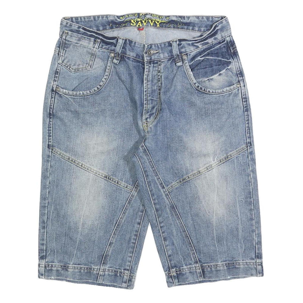 SAVVY Mens Denim Blue Casual Shorts M W32 Cotton Blend Classic Fit Button