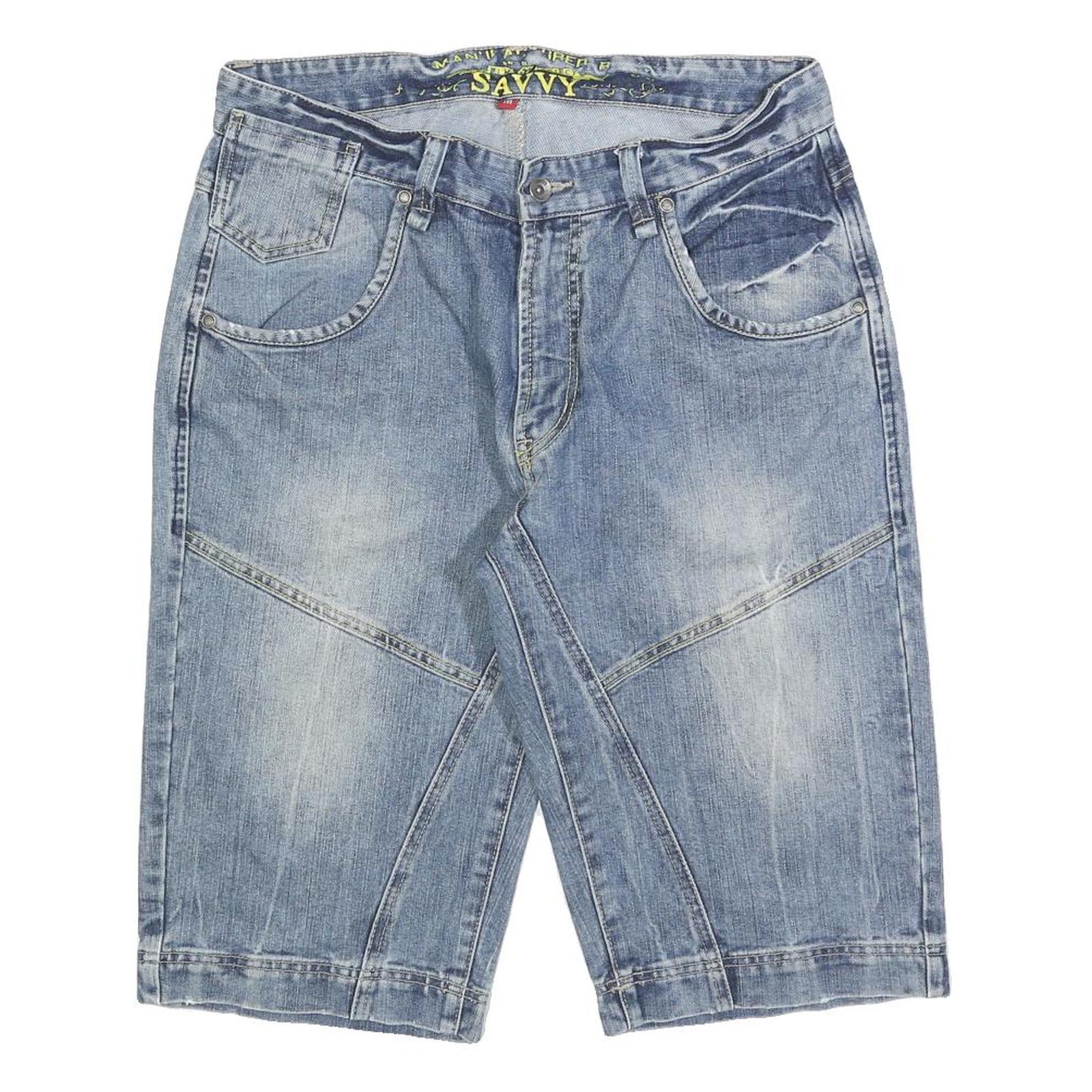 SAVVY Mens Denim Blue Casual Shorts M W32 Cotton Blend Classic Fit Button