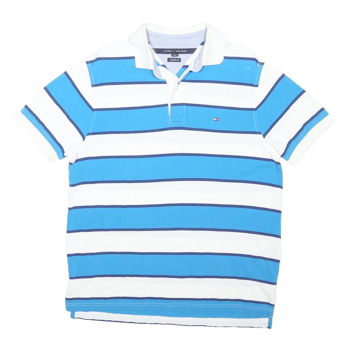 TOMMY HILFIGER Mens Blue & White Striped Short Sleeve Polo Shirt S Cotton Blend