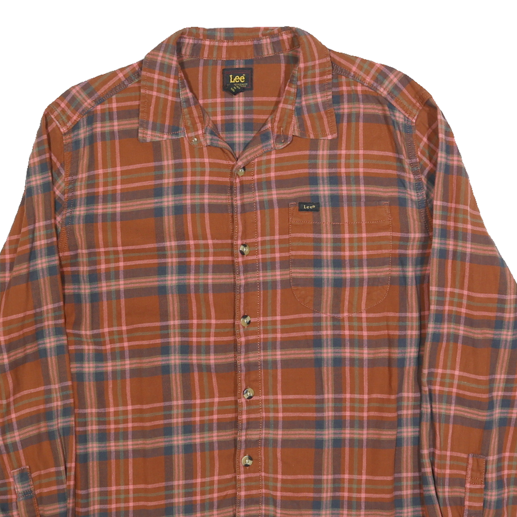 LEE Mens Brown & Blue Plaid Shirt XL Cotton Blend Casual Comfortable