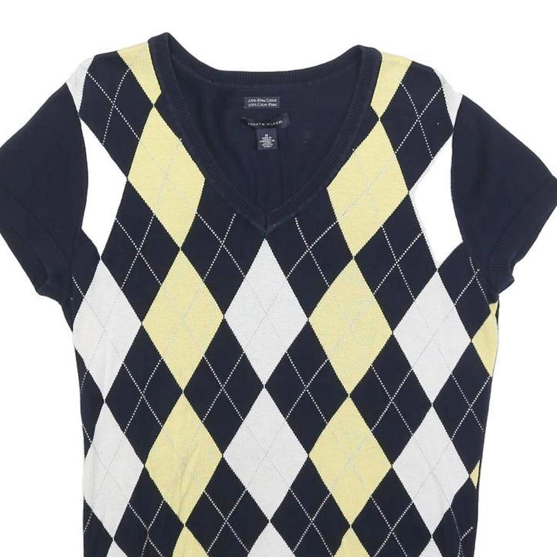 TOMMY HILFIGER Womens Blue Yellow White Patterned V-Neck Basic Knit M Cotton
