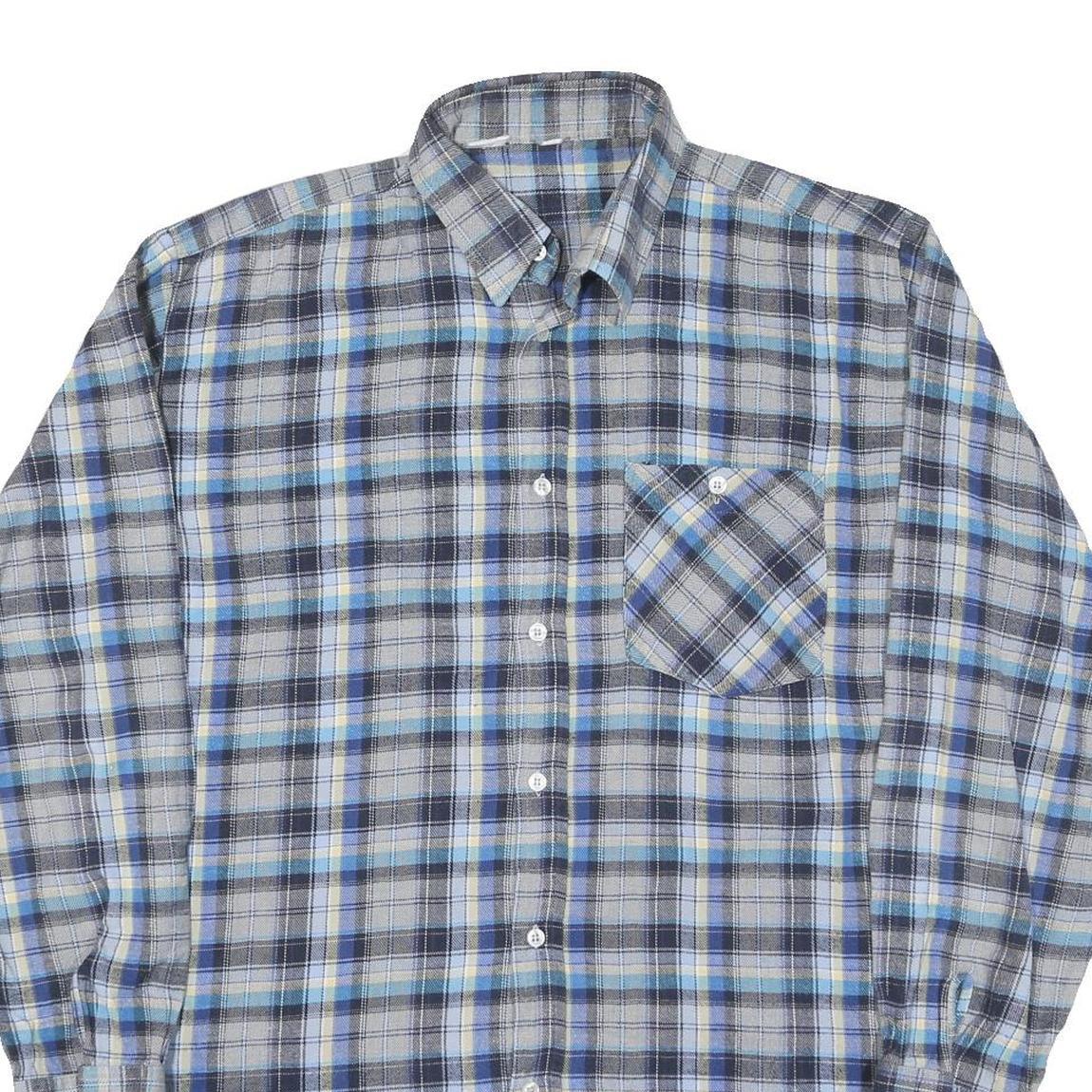 Mens Blue Grey Plaid Cotton Shirt XL Button Down Long Sleeve Casual Checked