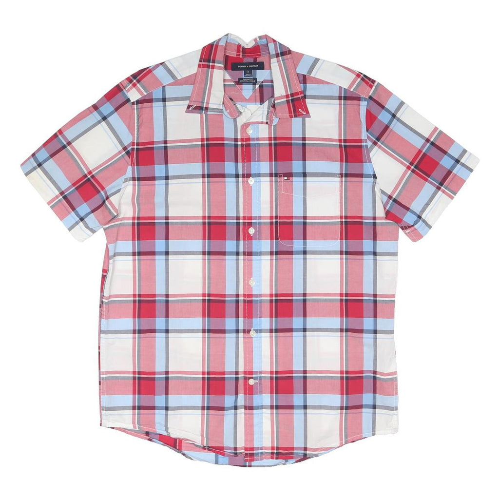 TOMMY HILFIGER Mens Red & Blue Check Shirt M Cotton Blend Casual Short Sleeve