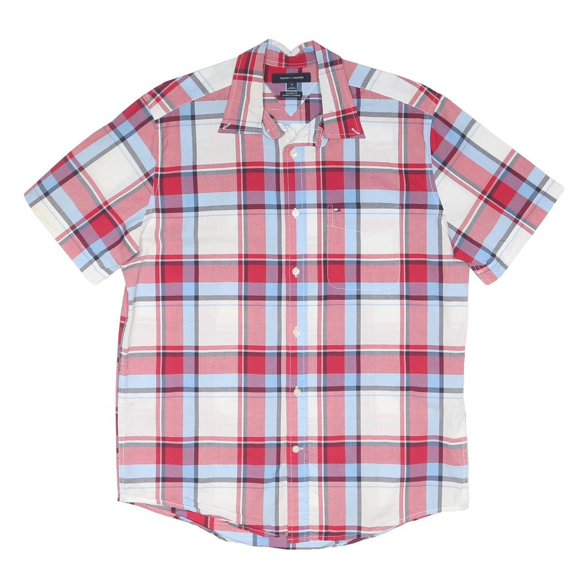 TOMMY HILFIGER Mens Red & Blue Check Shirt M Cotton Blend Casual Short Sleeve