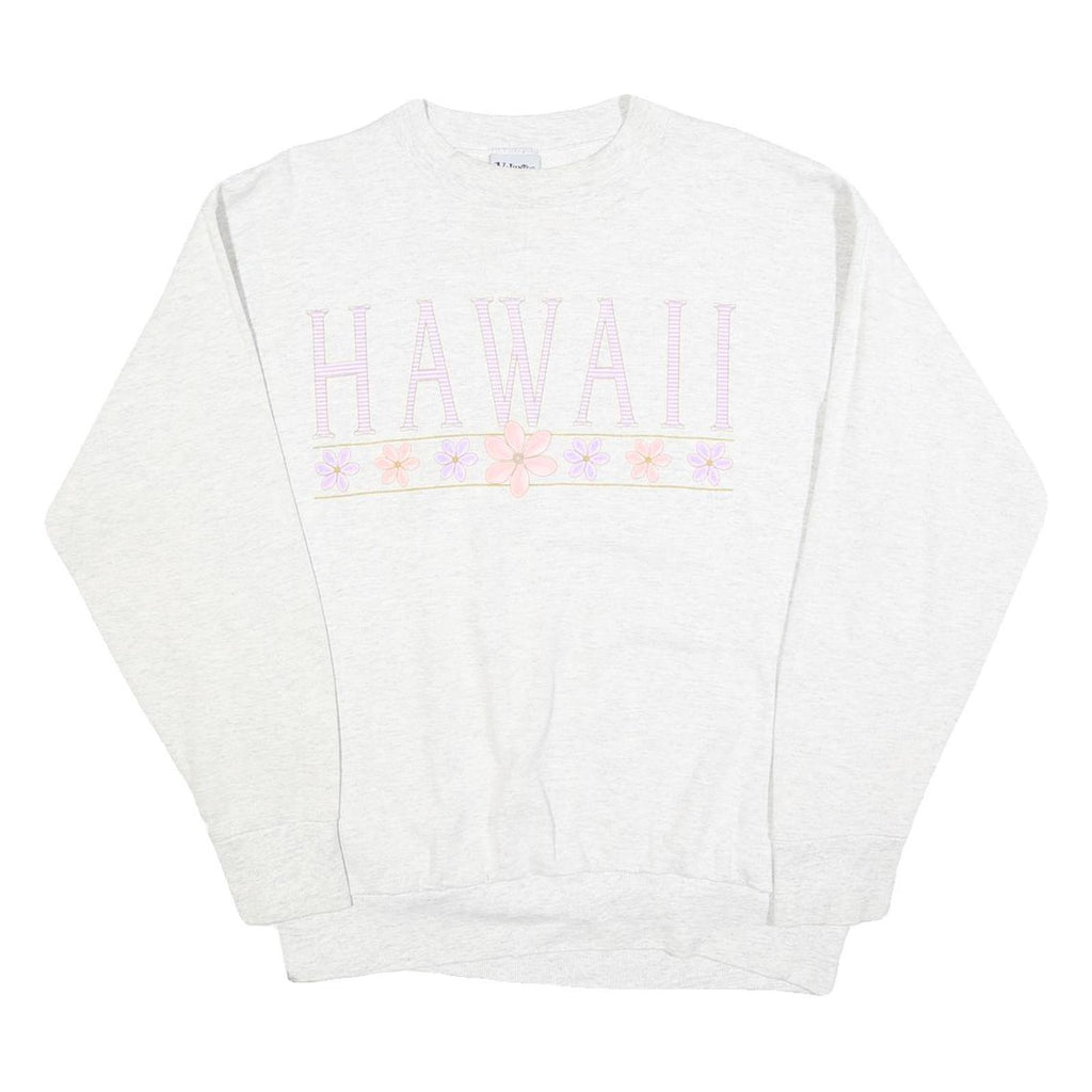 VOULUNTEER Womens White Sweatshirt Hawaii Crew Neck L Pastel Floral Graphic