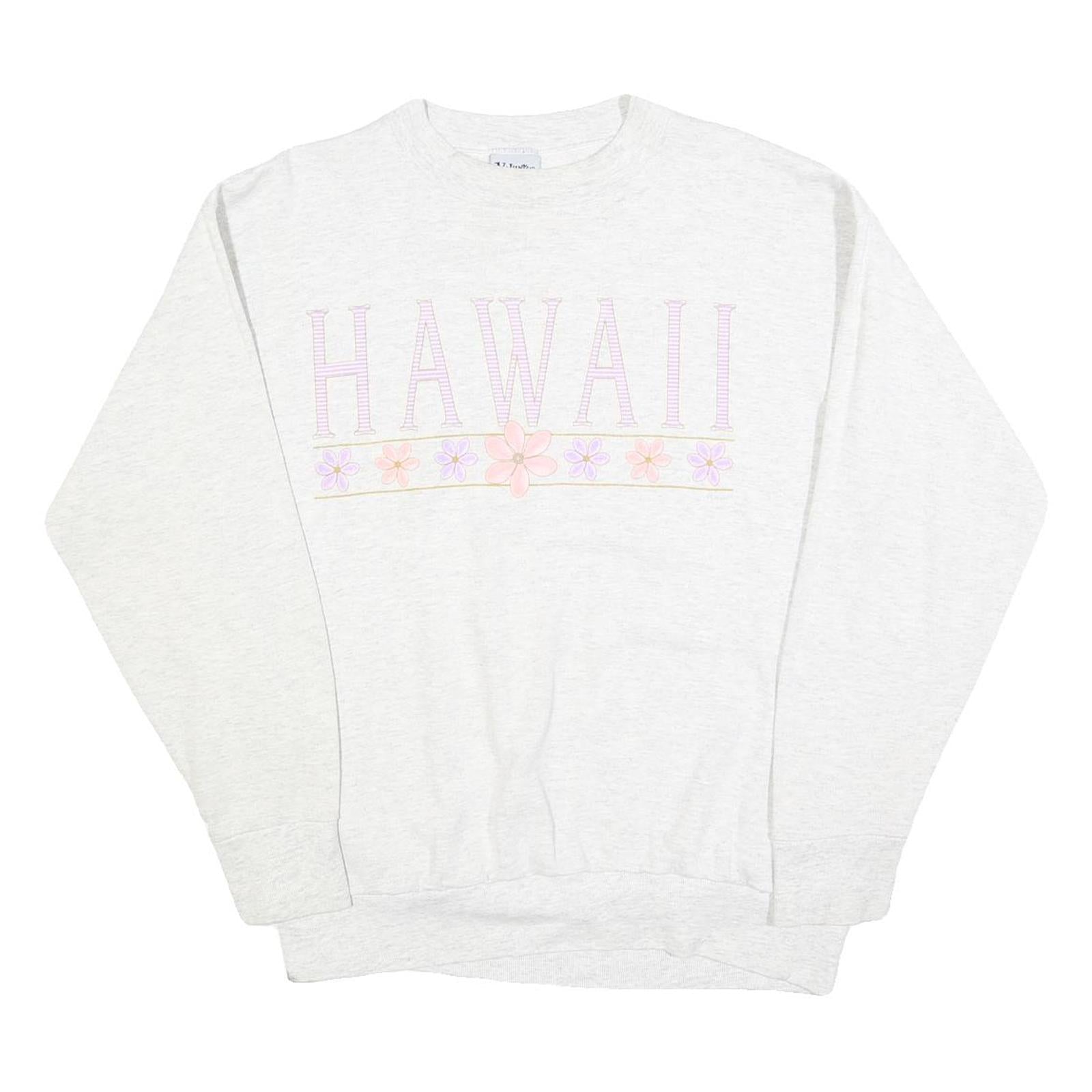 VOULUNTEER Womens White Sweatshirt Hawaii Crew Neck L Pastel Floral Graphic