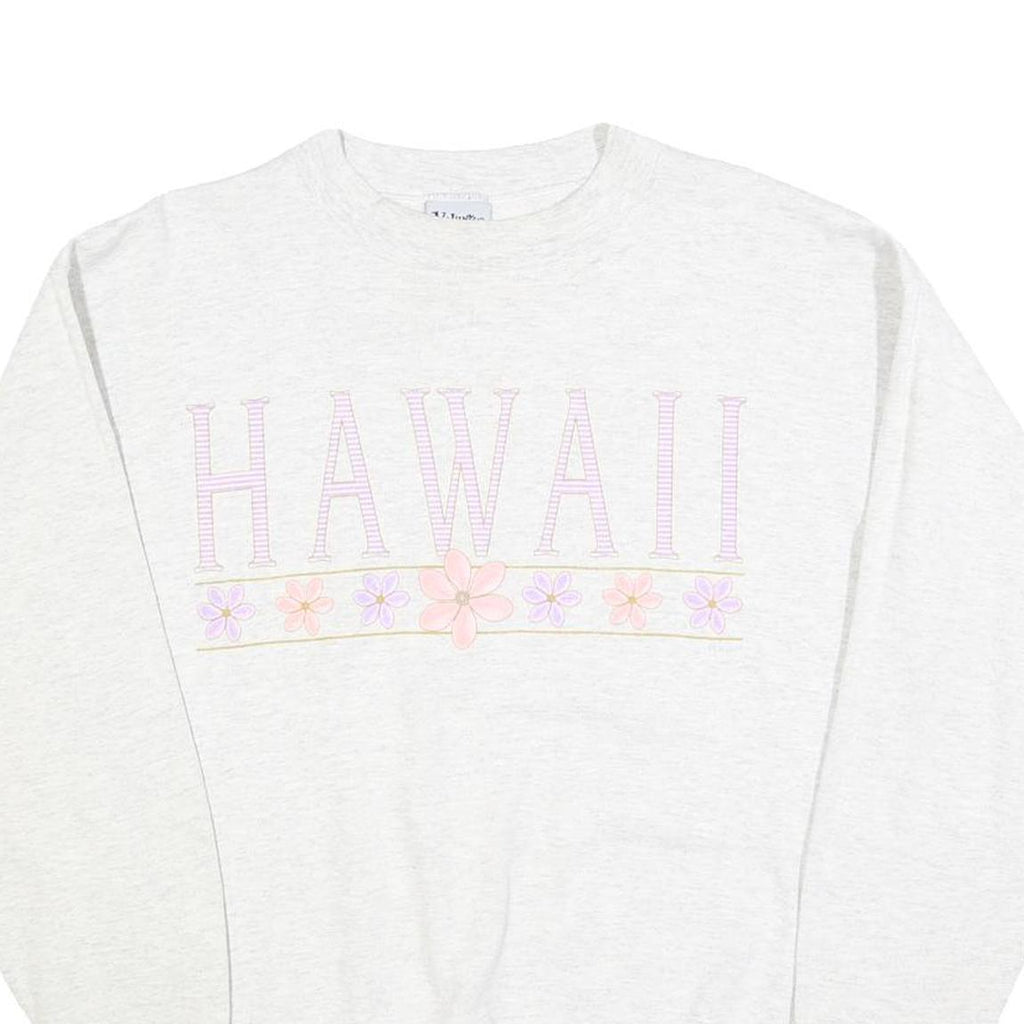 VOULUNTEER Womens White Sweatshirt Hawaii Crew Neck L Pastel Floral Graphic