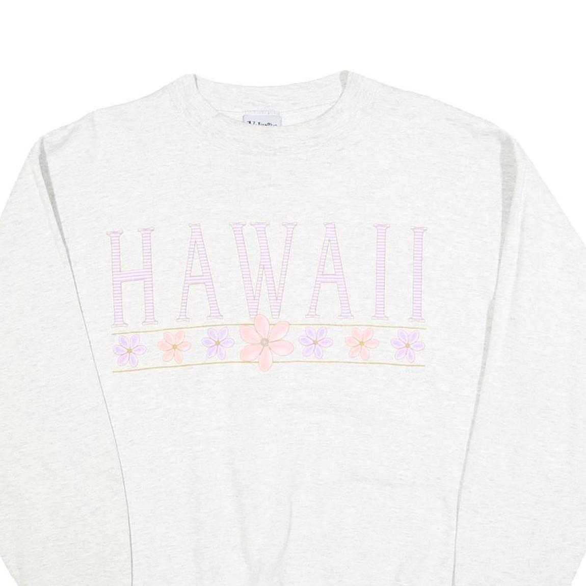 VOULUNTEER Womens White Sweatshirt Hawaii Crew Neck L Pastel Floral Graphic