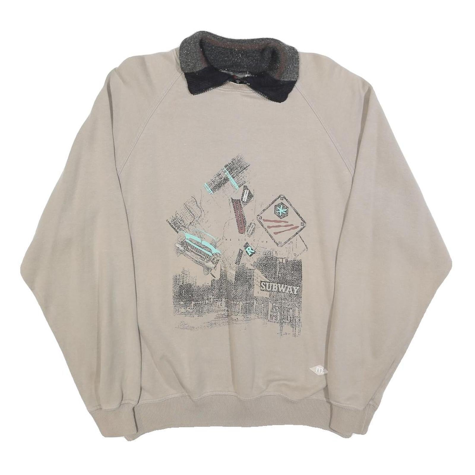 MASER Mens Beige Collared L Sweatshirt Cotton Blend Pullover Graphic Print