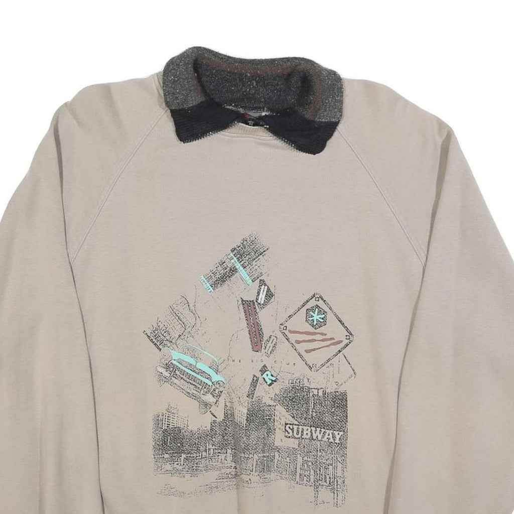 MASER Mens Beige Collared L Sweatshirt Cotton Blend Pullover Graphic Print