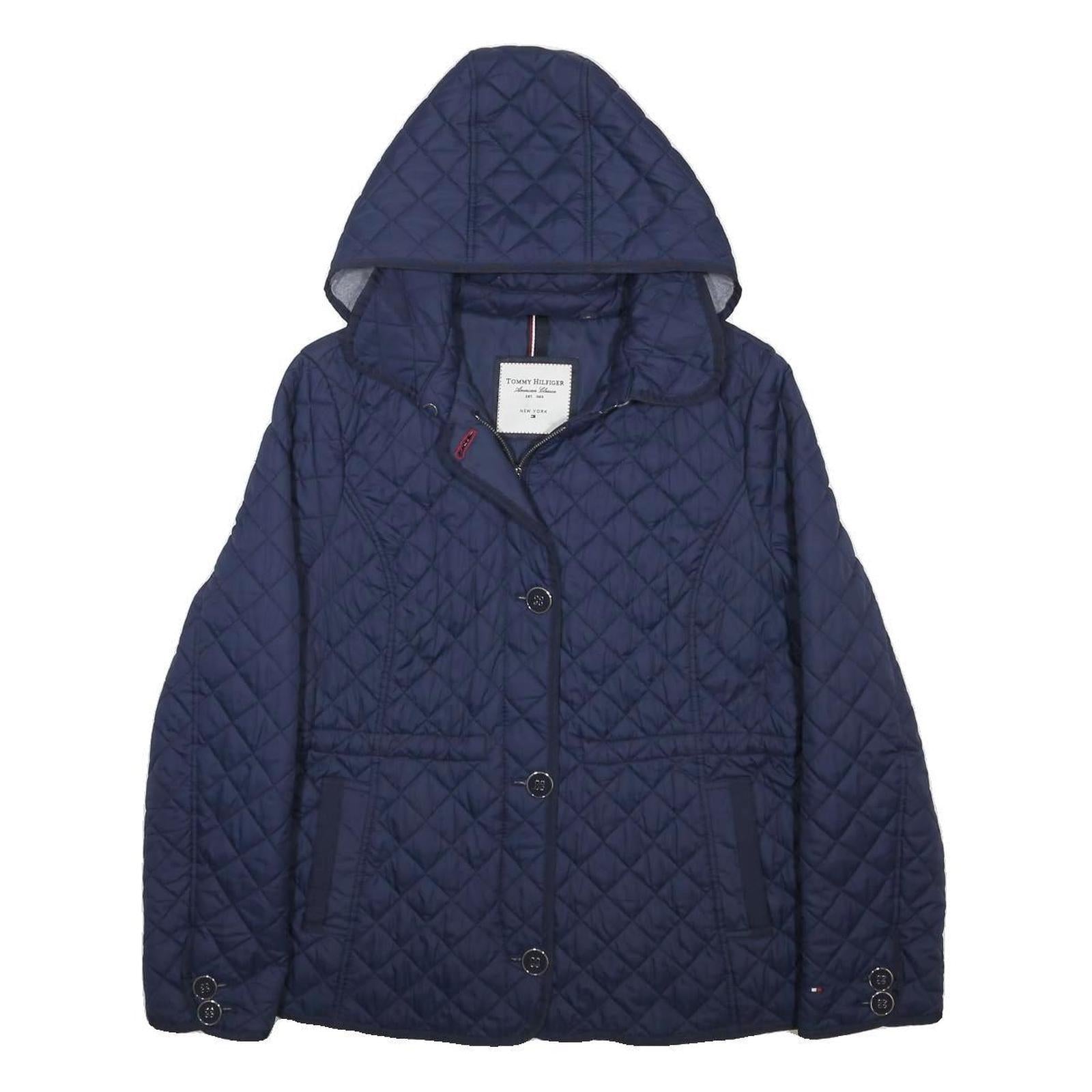 TOMMY HILFIGER Womens Navy Quilted Jacket XL Polyester Zip Hooded Classic