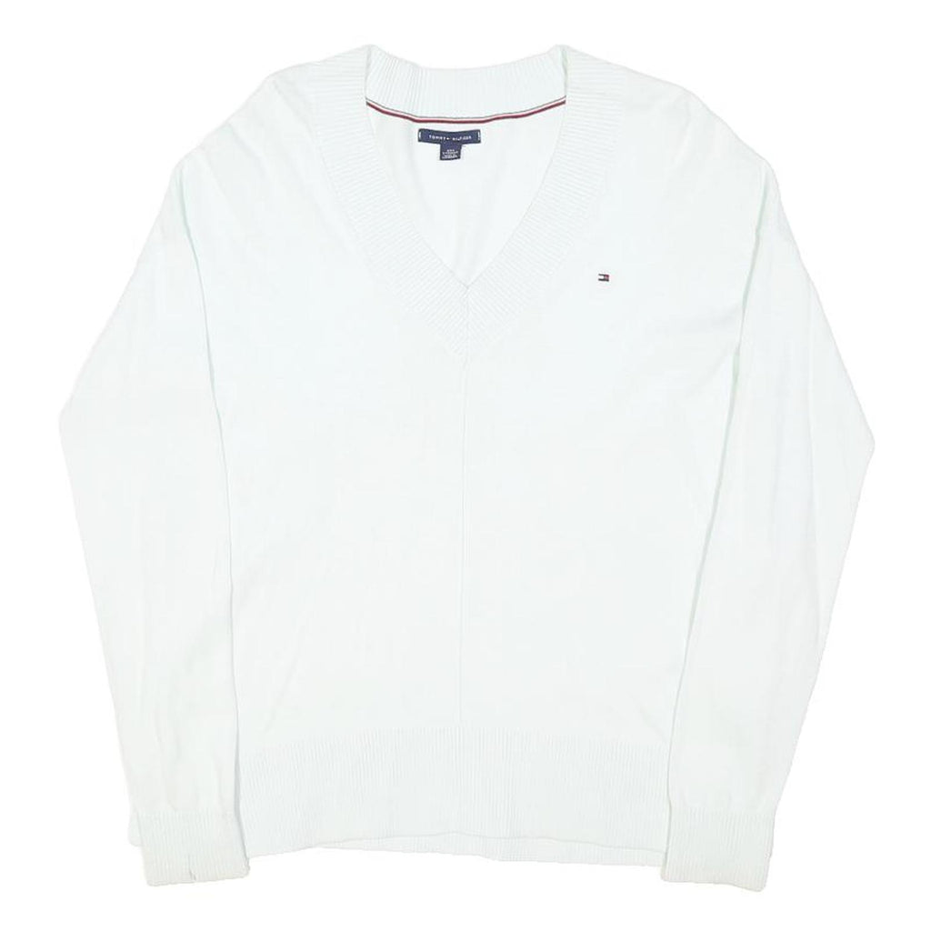 TOMMY HILFIGER Womens White Plain V-Neck Basic Knit Jumper XXS Classic Cotton