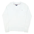 TOMMY HILFIGER Womens White Plain V-Neck Basic Knit Jumper XXS Classic Cotton