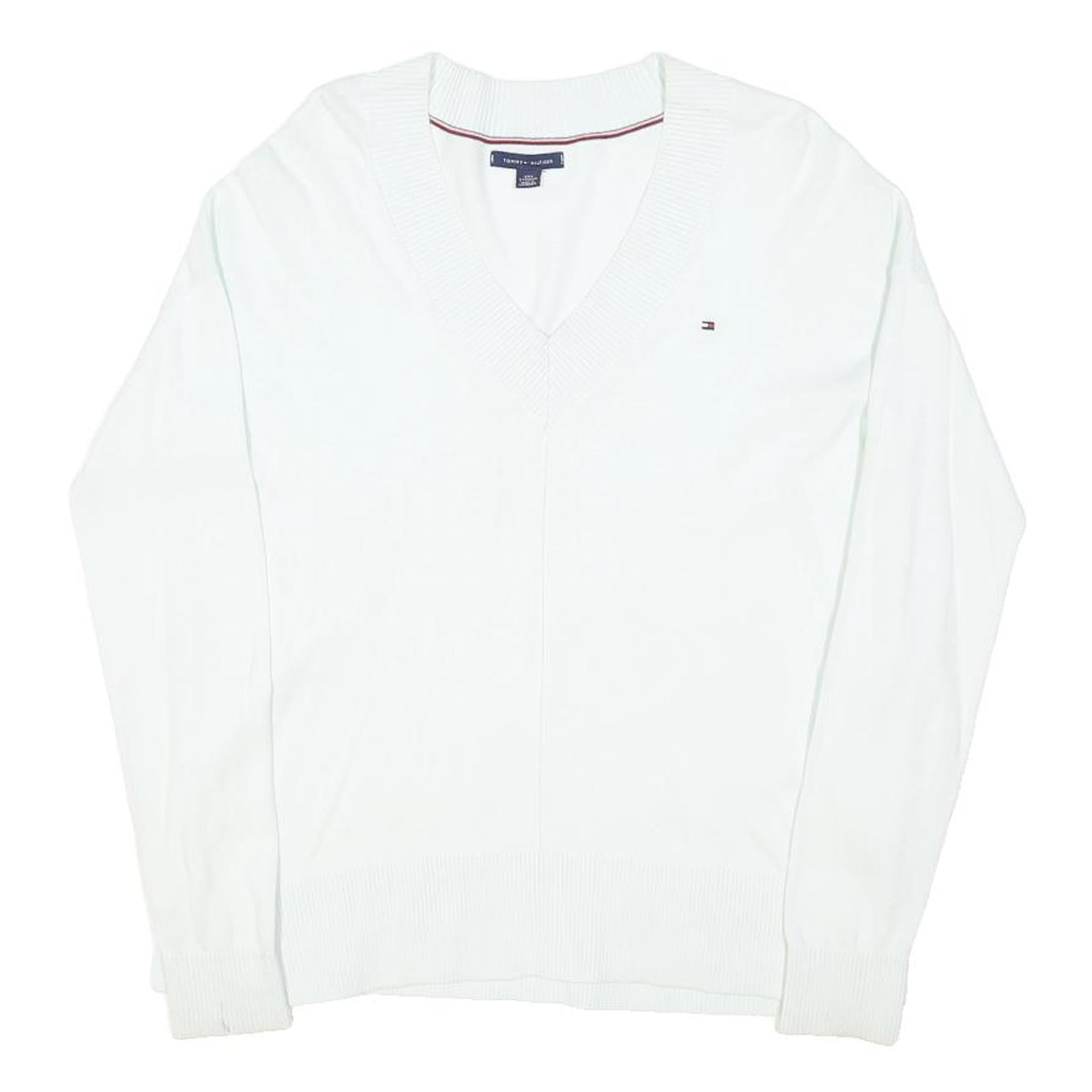 TOMMY HILFIGER Womens White Plain V-Neck Basic Knit Jumper XXS Classic Cotton