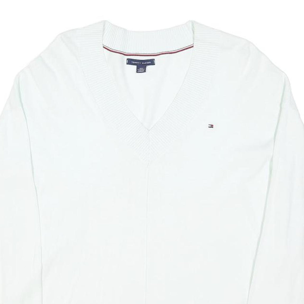 TOMMY HILFIGER Womens White Plain V-Neck Basic Knit Jumper XXS Classic Cotton