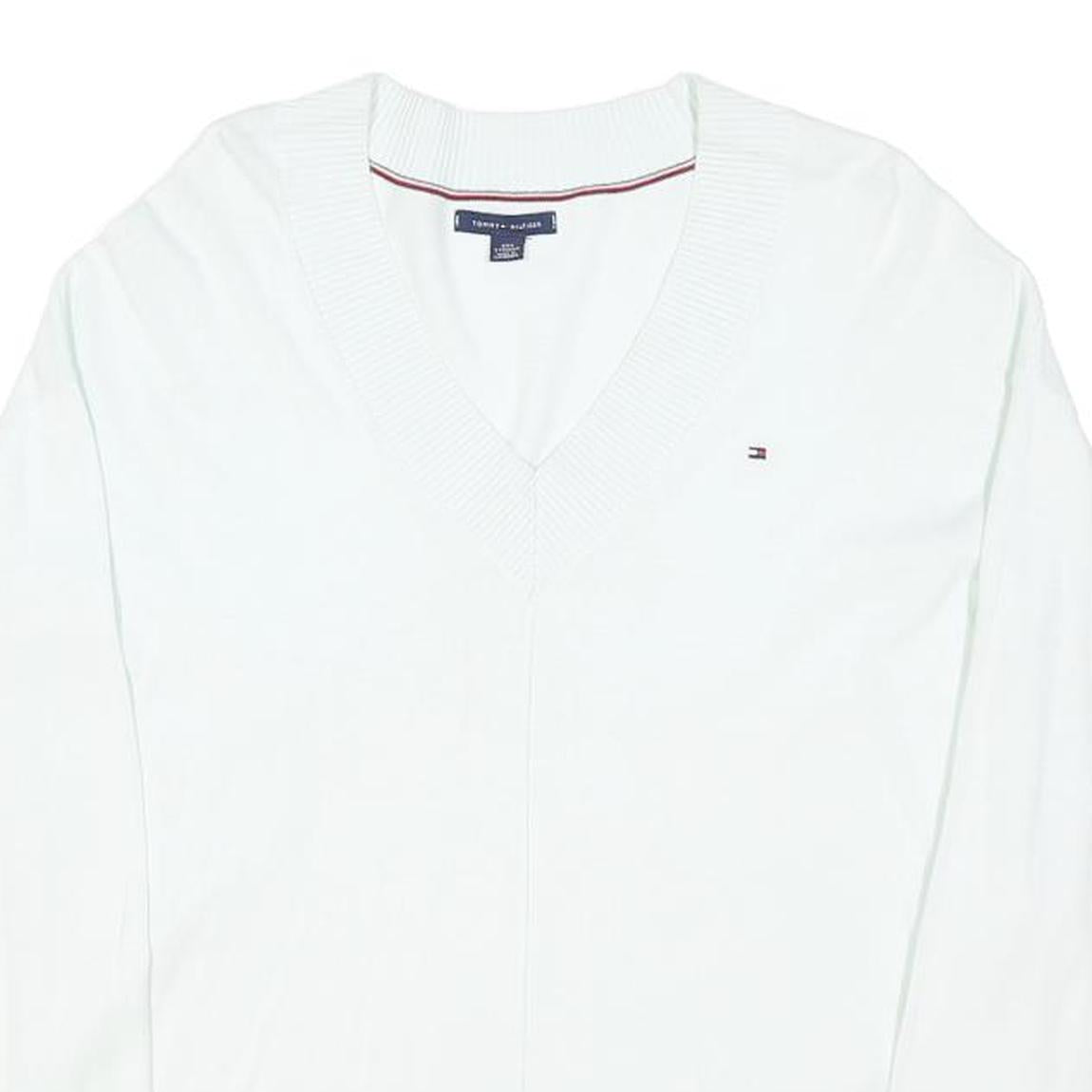TOMMY HILFIGER Womens White Plain V-Neck Basic Knit Jumper XXS Classic Cotton