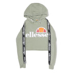 ELLESSE Womens Sage Green Logo Tape Sleeve Cropped Hoodie UK 6 Casual Sweatshirt