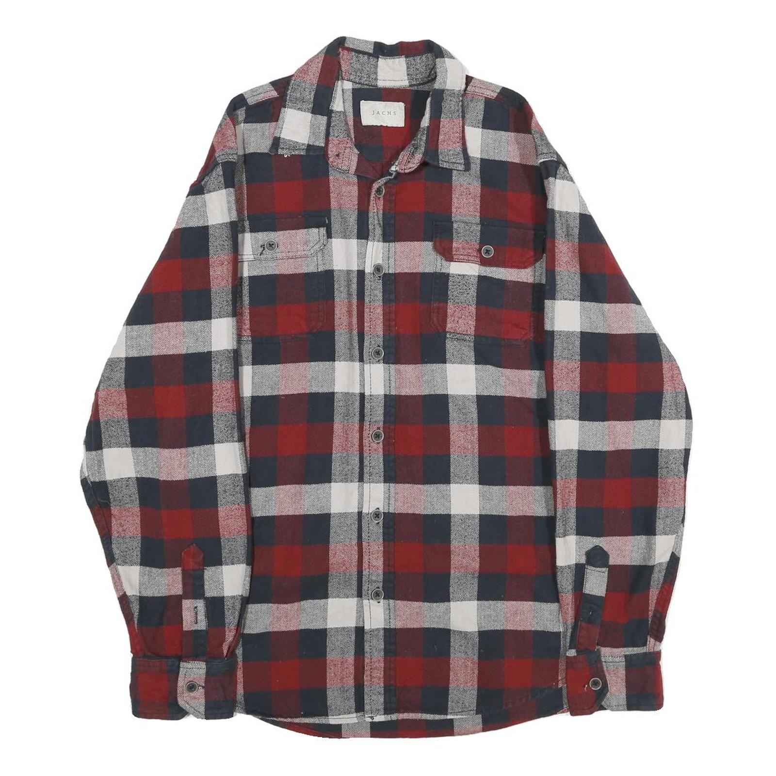 JACHS Mens Red & Blue Checked Cotton Shirt M Casual Button-Up Long Sleeve