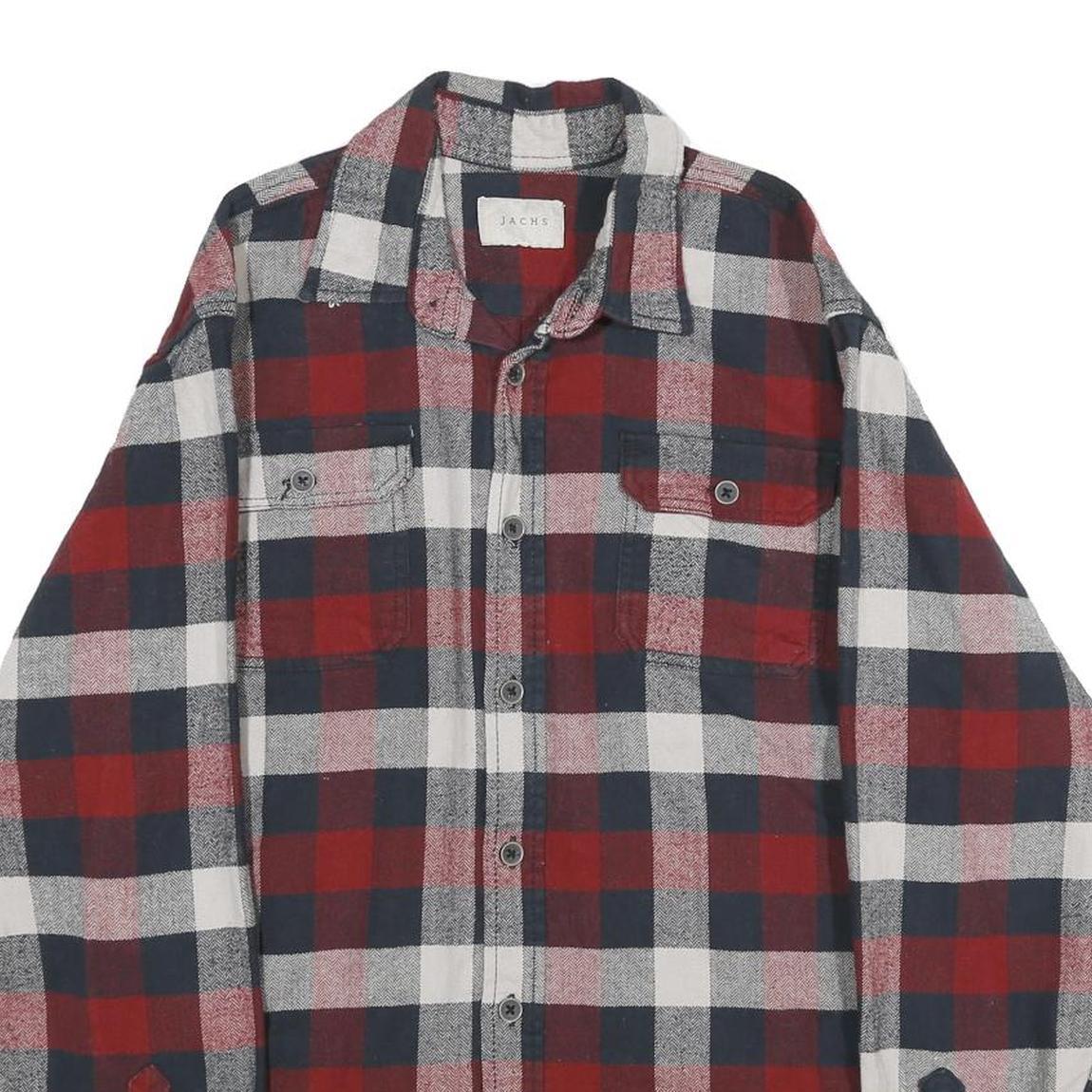 JACHS Mens Red & Blue Checked Cotton Shirt M Casual Button-Up Long Sleeve