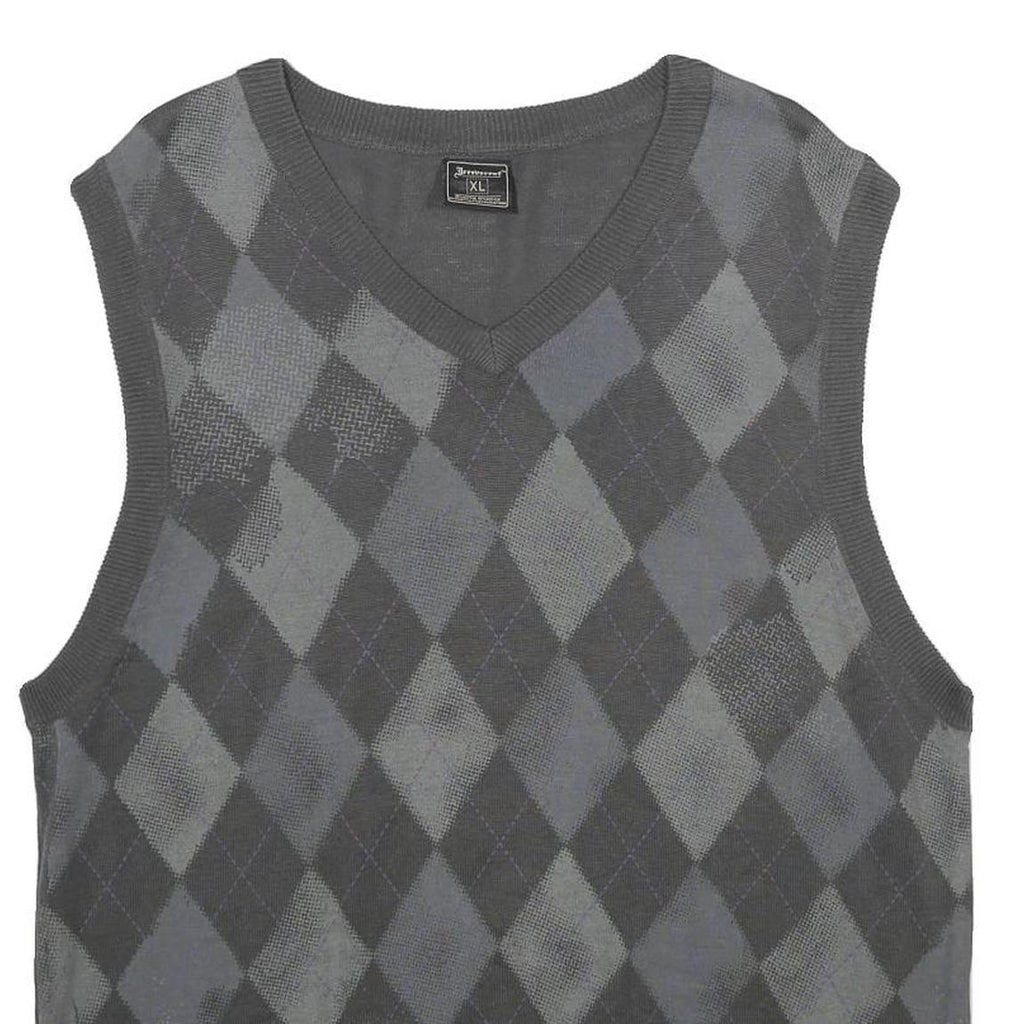 IRREVERENT Mens Grey & Charcoal Patterned Cotton Blend Jumper V-Neck XL Argyle