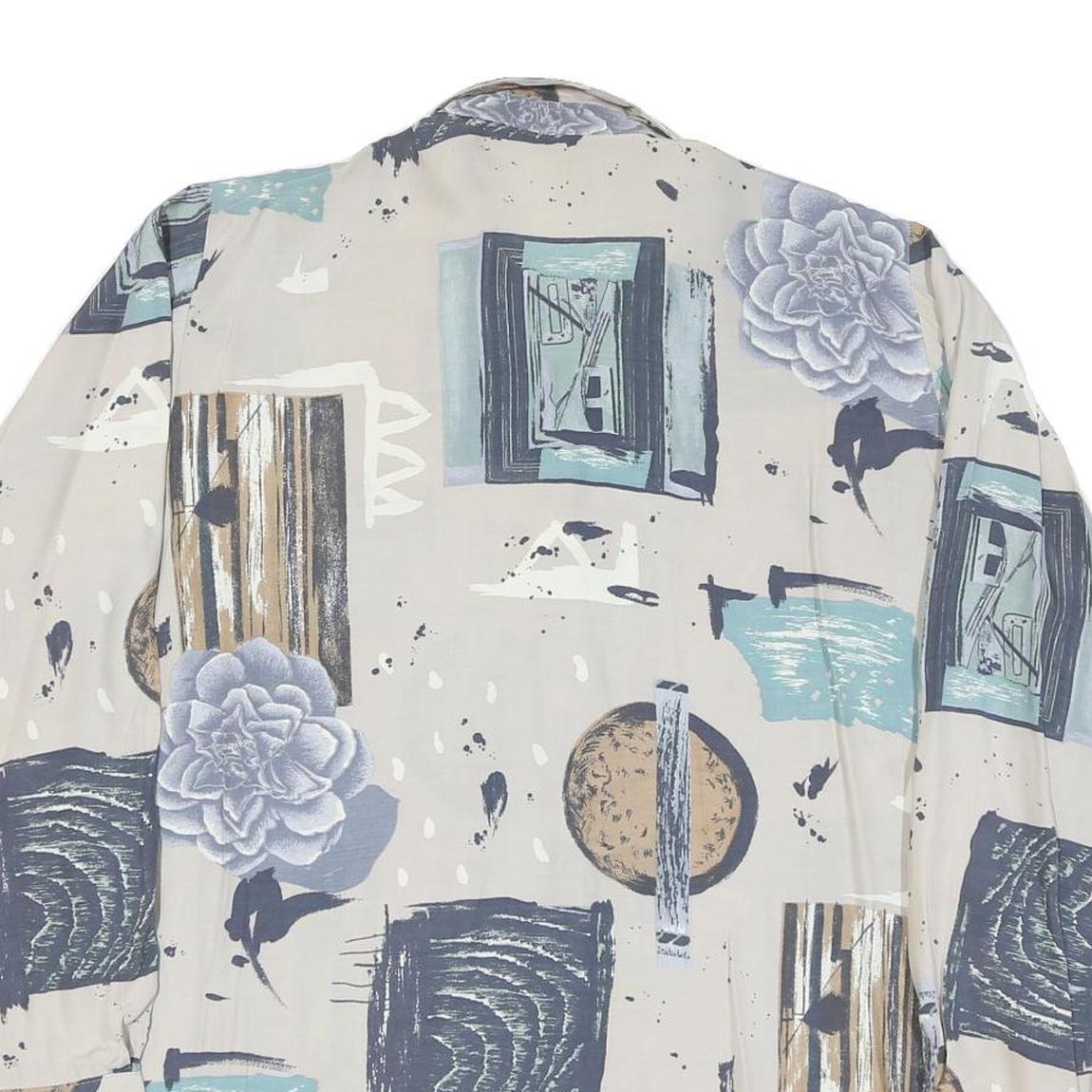 Womens Cream Blue & Brown Abstract Print Shirt XL Button Down Relaxed Fit