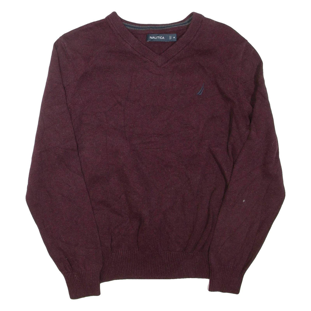 NAUTICA Mens Jumper Maroon V-Neck Tight Knit M