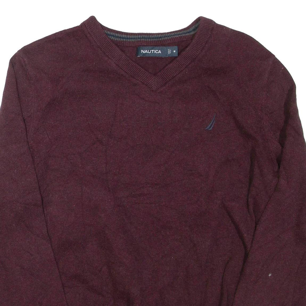 NAUTICA Mens Jumper Maroon V-Neck Tight Knit M