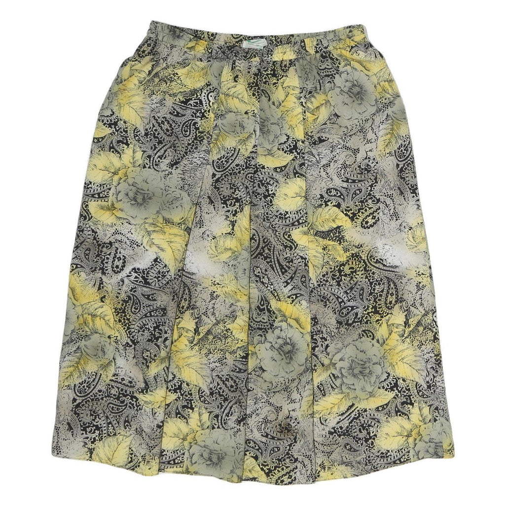 Womens Black & Yellow Paisley Floral Printed Pleated Midi Polyester Skirt M