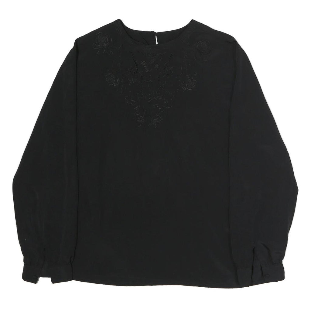 LAURA SCOTT Womens Black Embroidered Blouse Long Sleeve Round Neck L Elegant Top