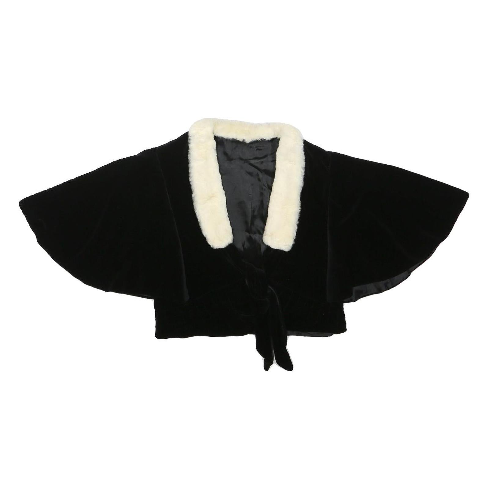Womens Black Velvet & Cream Faux Fur Collar Cropped Jacket XXS Polyester Blend