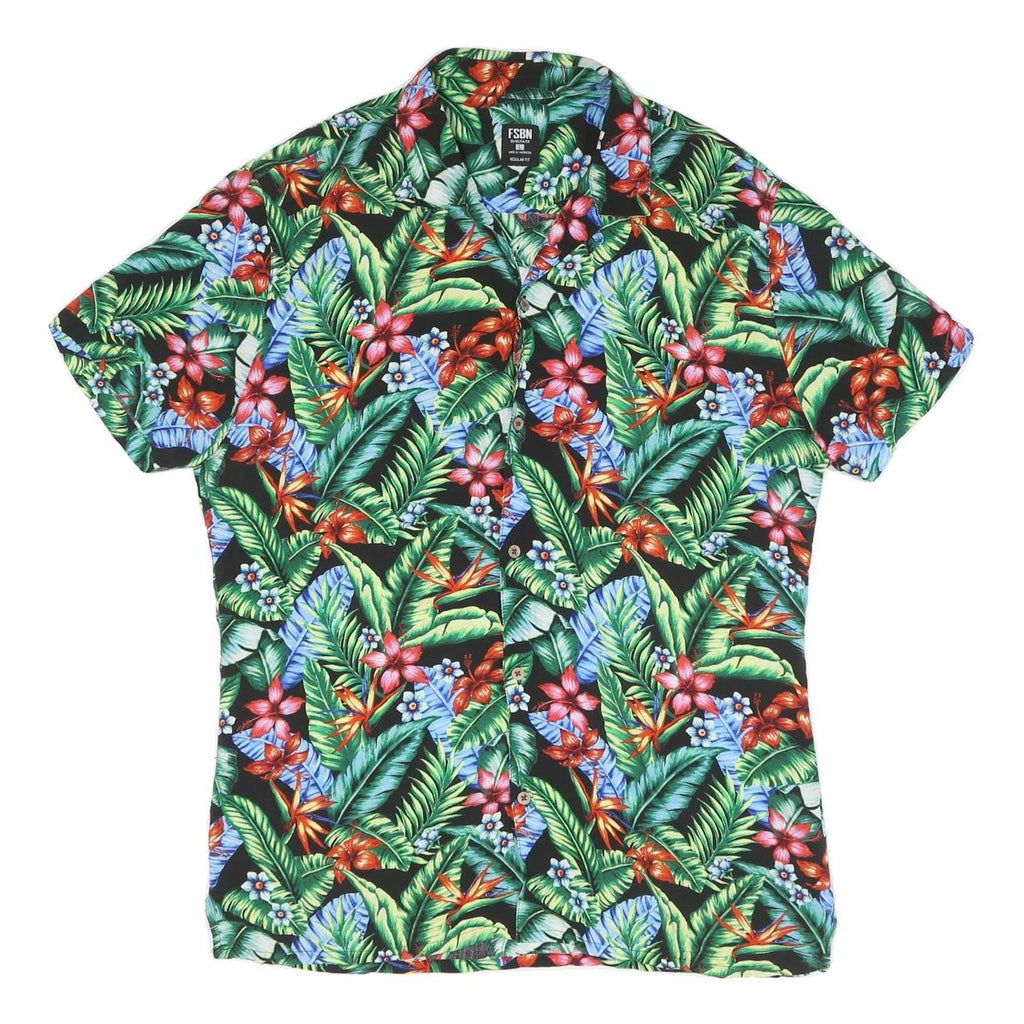 Mens Black Tropical Floral Cotton Blend Short Sleeve Shirt L Vacation Beach