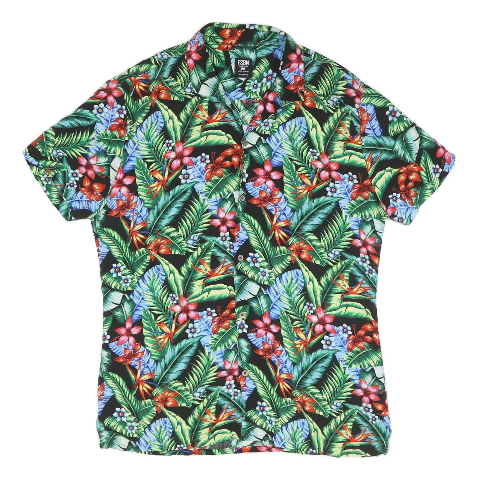 Mens Black Tropical Floral Cotton Blend Short Sleeve Shirt L Vacation Beach