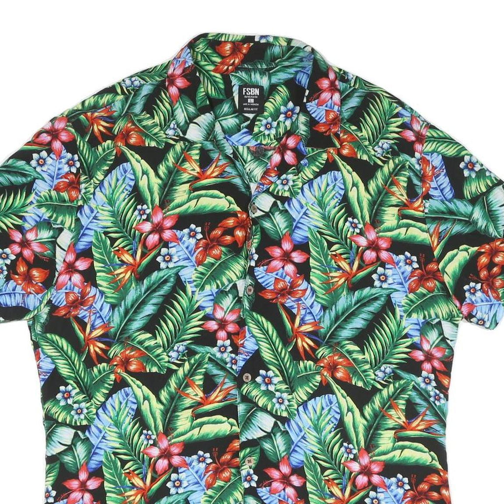 Mens Black Tropical Floral Cotton Blend Short Sleeve Shirt L Vacation Beach