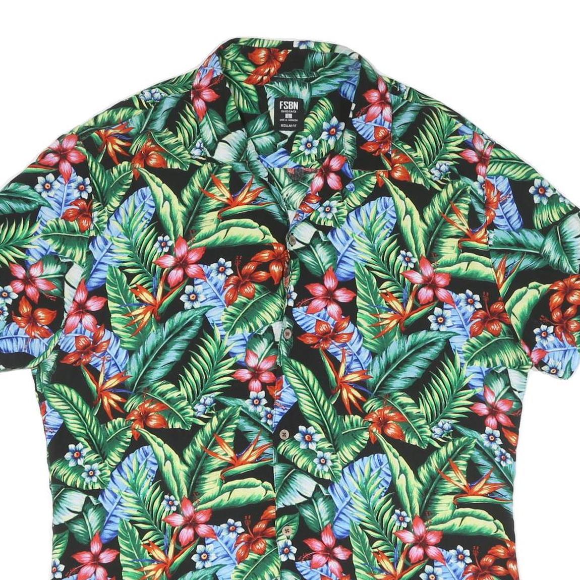 Mens Black Tropical Floral Cotton Blend Short Sleeve Shirt L Vacation Beach