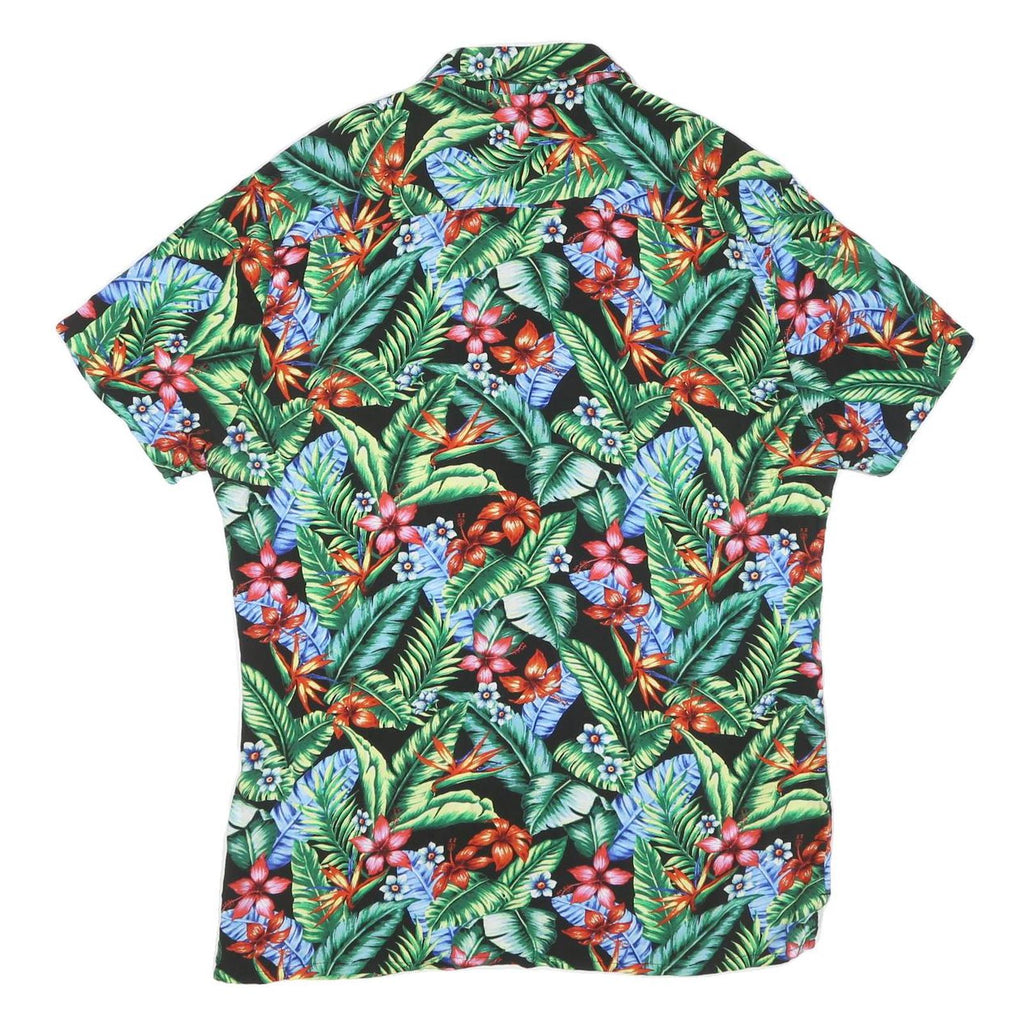 Mens Black Tropical Floral Cotton Blend Short Sleeve Shirt L Vacation Beach