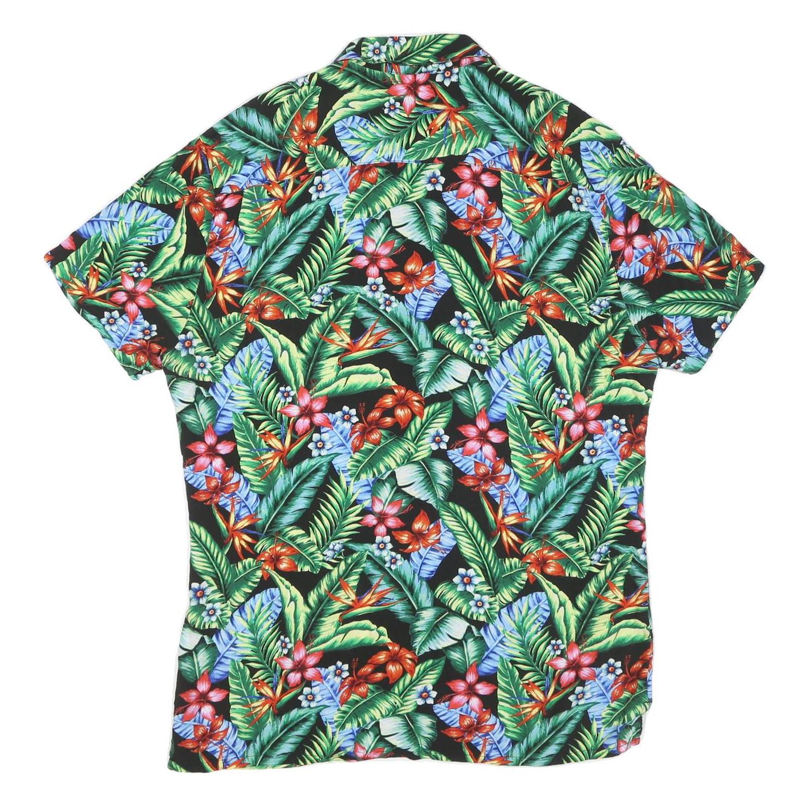 Mens Black Tropical Floral Cotton Blend Short Sleeve Shirt L Vacation Beach