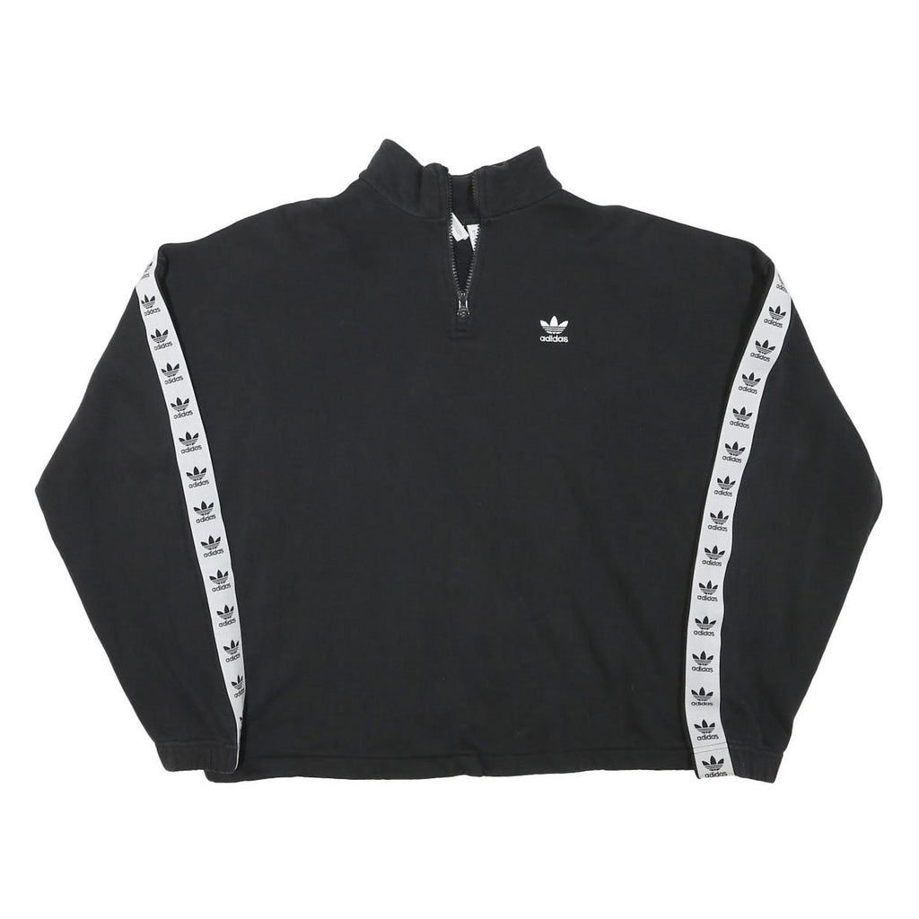 ADIDAS Womens Black & White Cotton Blend 1/4 Zip Sweatshirt UK 12 Logo Tape