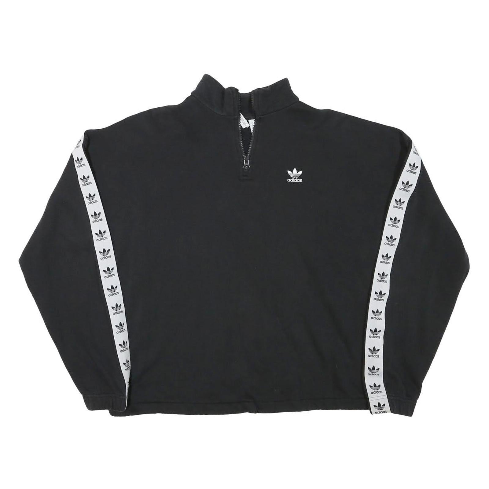 ADIDAS Womens Black & White Cotton Blend 1/4 Zip Sweatshirt UK 12 Logo Tape