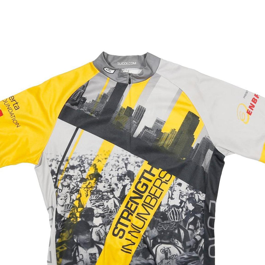 SUGOI Mens Yellow Grey Graphic Cycling T-Shirt L Short Sleeve Crew Neck Conquer