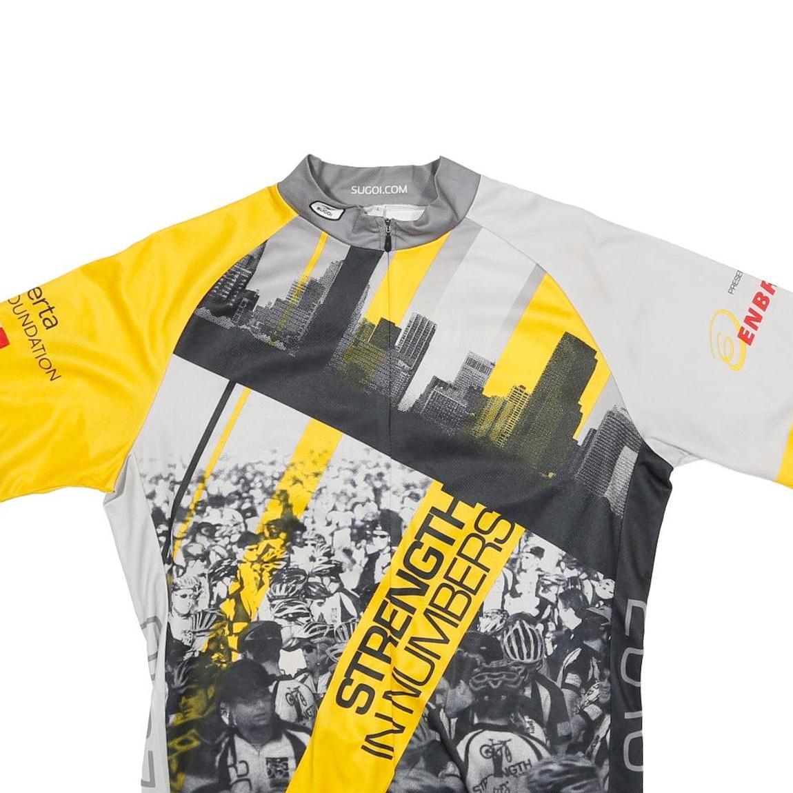 SUGOI Mens Yellow Grey Graphic Cycling T-Shirt L Short Sleeve Crew Neck Conquer