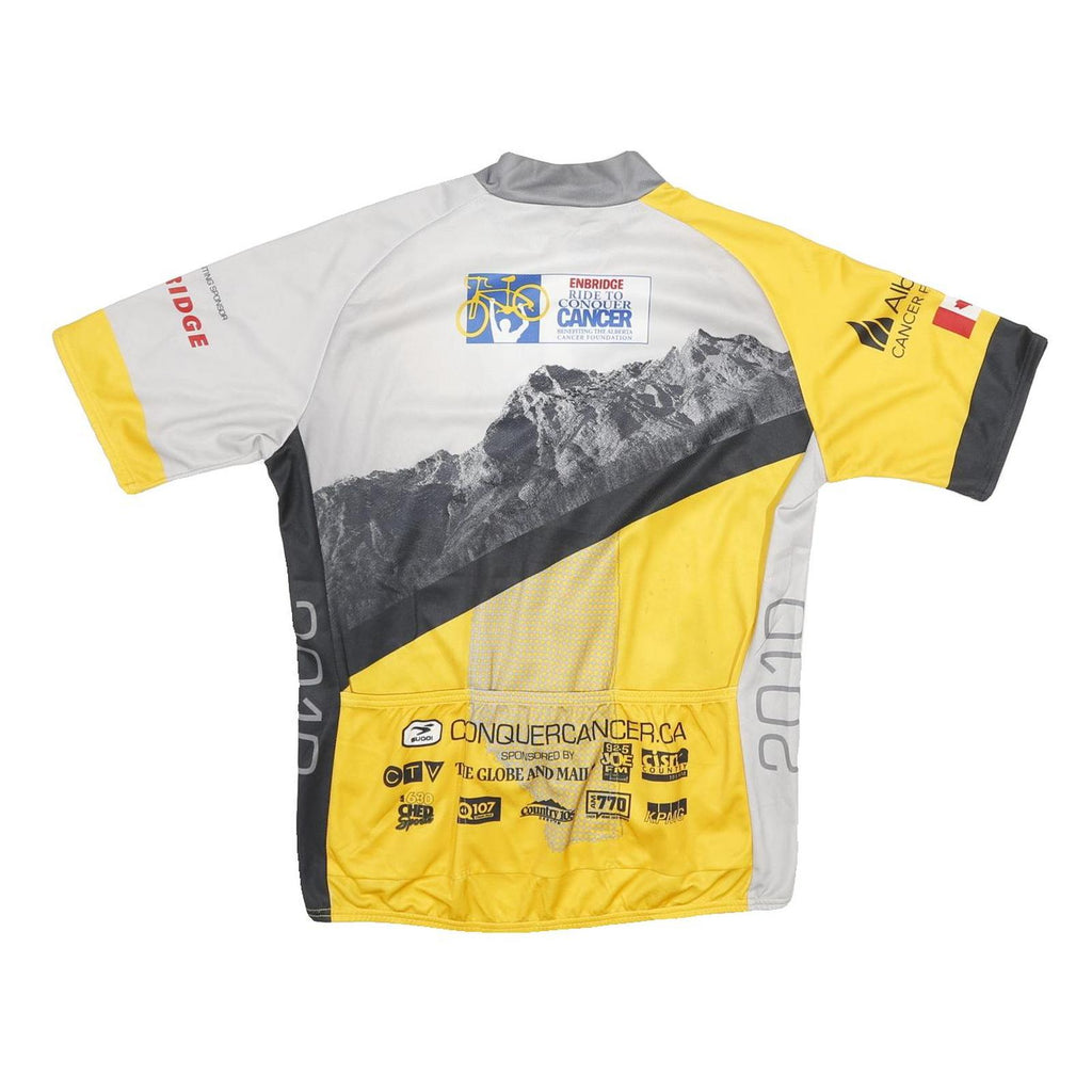 SUGOI Mens Yellow Grey Graphic Cycling T-Shirt L Short Sleeve Crew Neck Conquer