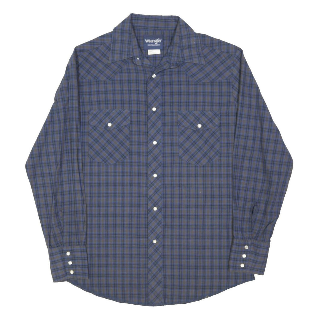 WRANGLER Mens Blue & Grey Check Shirt M Cotton Blend Long Sleeve Button Pocket