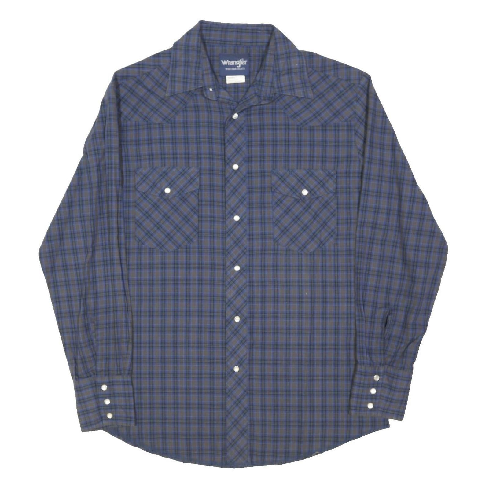 WRANGLER Mens Blue & Grey Check Shirt M Cotton Blend Long Sleeve Button Pocket
